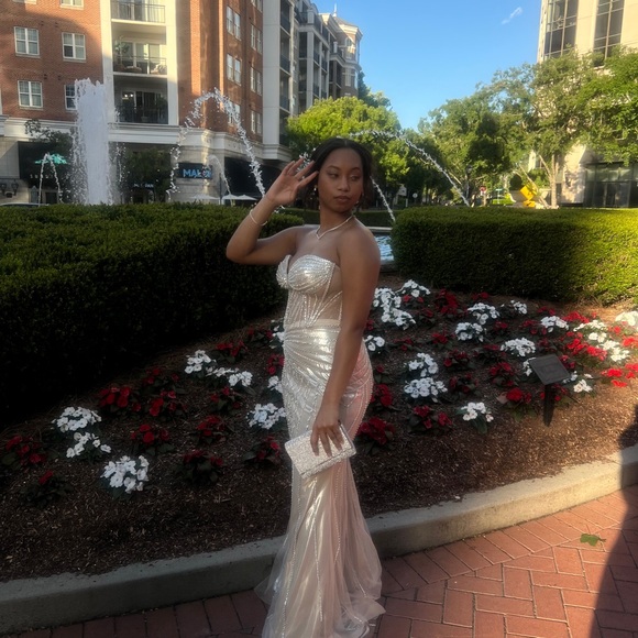 Sparkling Strapless Beaded Evening Gown - Champagne